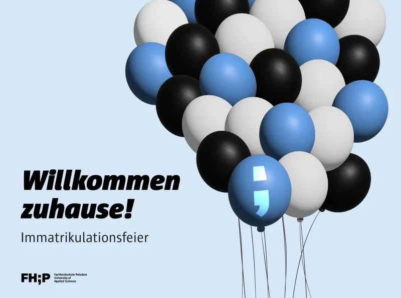 Grafik mit Luftballons zur Immatrikulationsfeier und Schriftzug "Willkommen zuhause!"