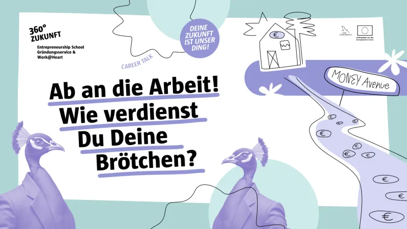 Illustration in Türkis und Lila mit Aufschrift