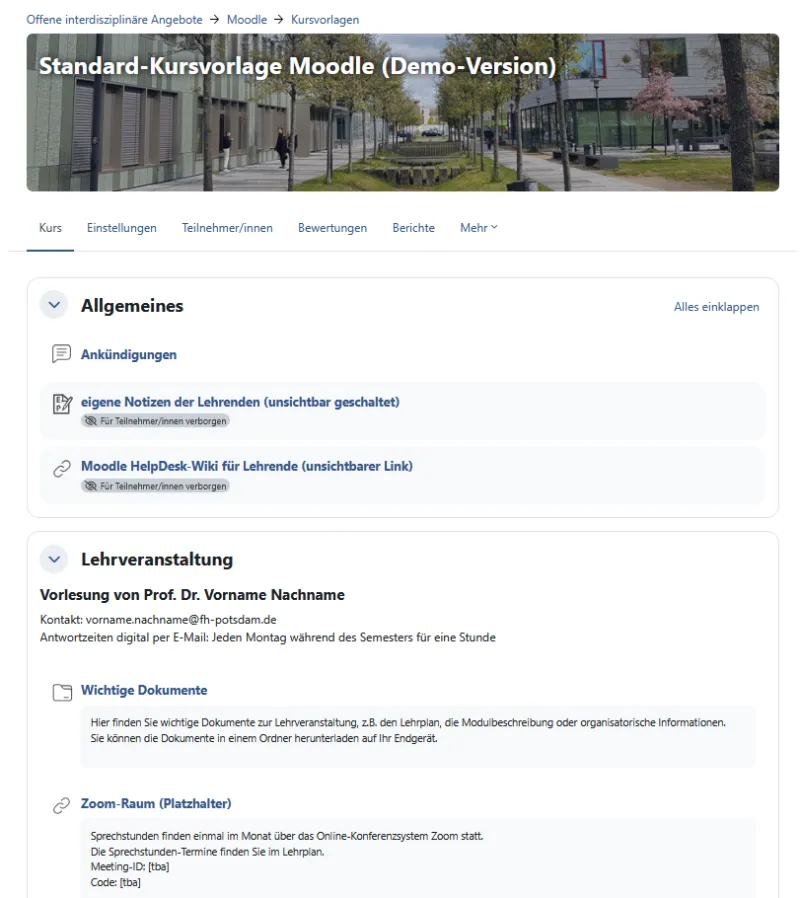 Screenshot zu sehen ist der Moodle Kurs mit dem Header-Bild vom FHP-Campus