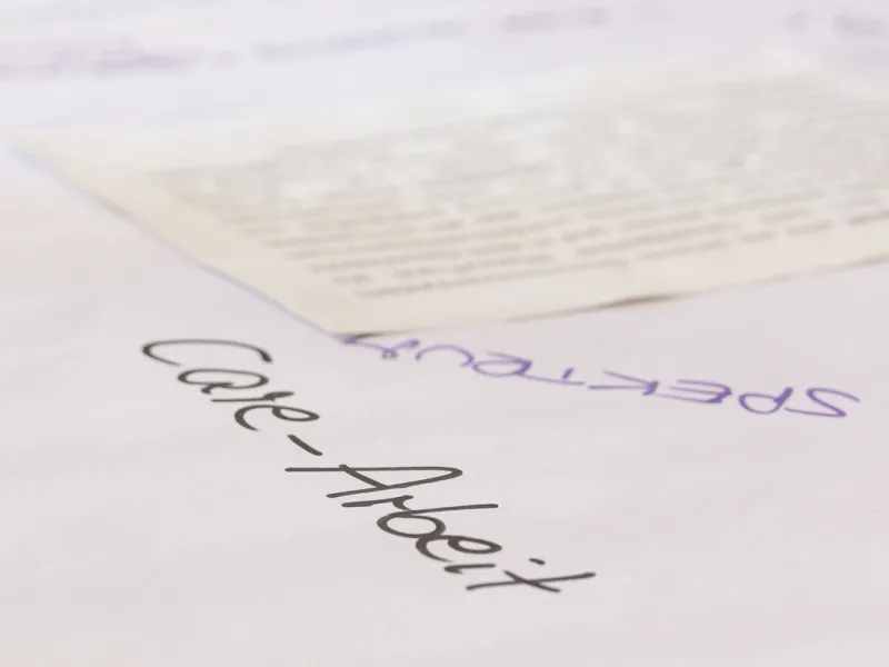Nahaufnahme eines Papiers mit handschriftlichem Text 'Care-Arbeit' und teilweise sichtbarem gedrucktem Text im Hintergrund