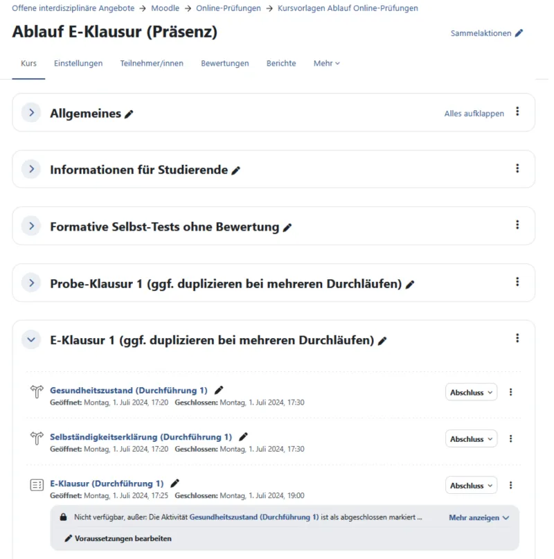 Screenshot aus dem Demo-Kurs Ablauf E-Klausur (Präsenz)