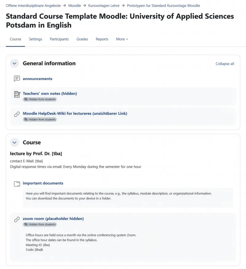 Screenshot showing the Moodle course standard template