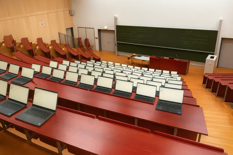 Hörsaal mit rund 100 Rechnern für einen Belastungstest