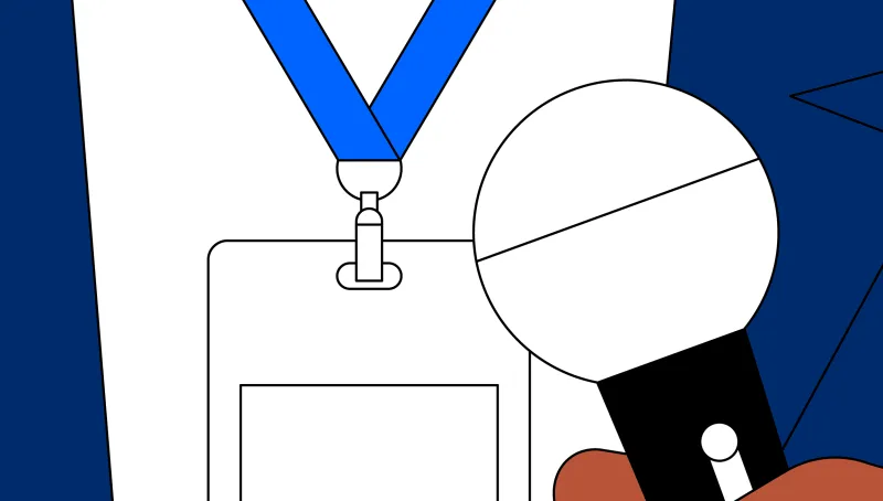 Illustration einer Person mit Mikrofon und Ausweisband