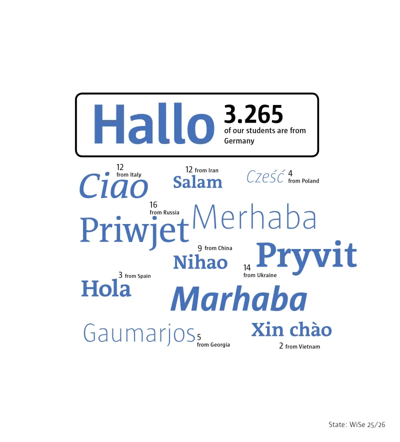 This graphic shows how to say "Hello" in various languages from the countries our students come from. Whilst 3,378 students are from Germany, 29 are from Syria, where they say "Marhaba". 16 students are from Ukraine, where they say "Pryvit". In addition to "Hello" in German, the graphic shows 11 different languages.