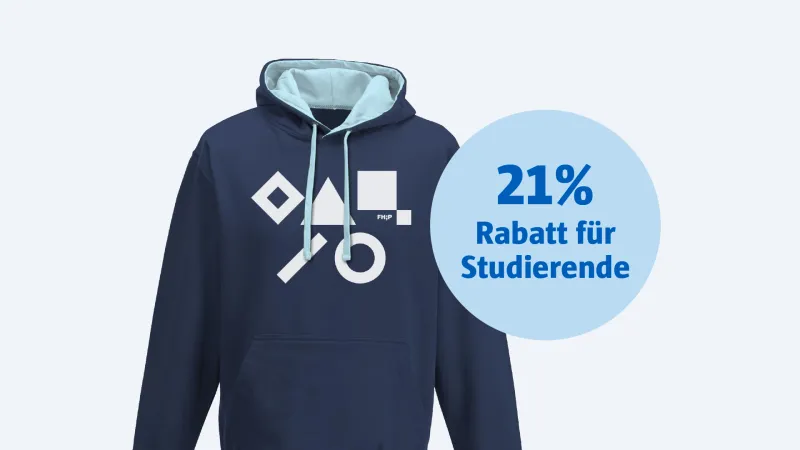 Hoodie im FHP-Design und Text "21% Rabatt für Studierende"